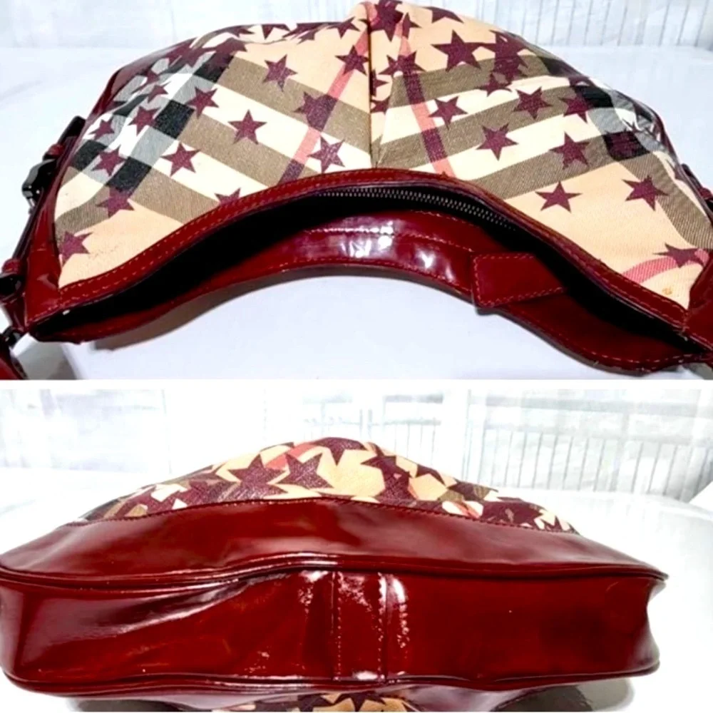 BURBERRY Maroon & Tan Star Print Canvas & Patent Leather Handbag, EUC